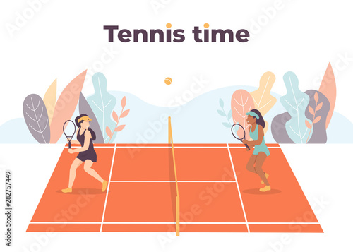 Banner tennis game time lettering. Poster professional woman players characters. Flat vector illustration modern concept design.