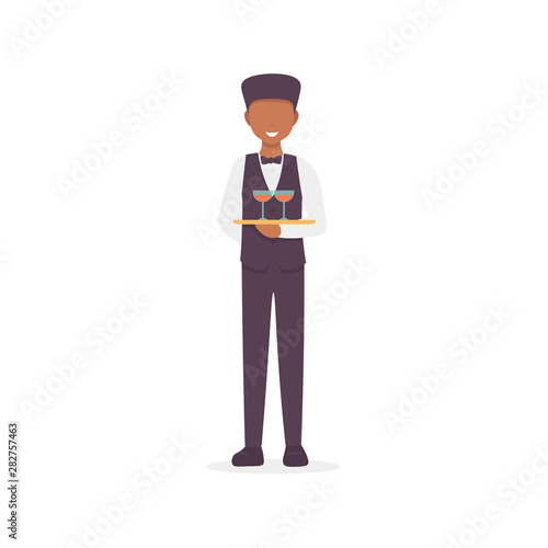 Restaurant staff character waiter man holding cocktails. Flat vector illustration isolated on white background.