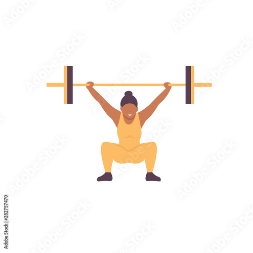 Athlet woman lifting barbell. Gym workout with sport barbell, weightlifting and bodybuilding, fitness training and healthy lifestyle concept, competition. Flat vector isolated on white background.