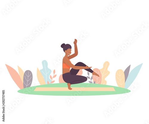Woman does yoga exercise, pose. Modern flat design concept of web page design for website. Vector illustration.