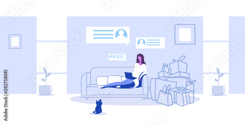 woman with purchases sitting on couch using laptop girl doing online shopping e-commerce concept modern living room interior sketch full length horizontal vector illustration
