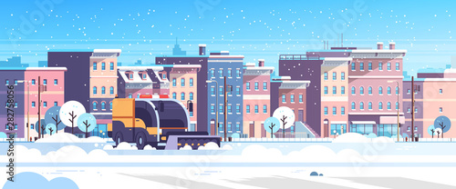 snow plow truck cleaning urban residential area streets winter snow removal concept modern city buildings cityscape background flat horizontal