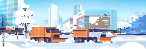 snow plow trucks cleaning road urban downtown street with skyscrapers business buildings winter snow removal concept sunshine cityscape background flat horizontal