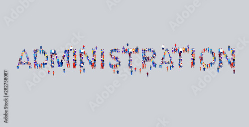 businesspeople crowd gathering in shape of administration word different business people employees group standing together social media community concept flat horizontal