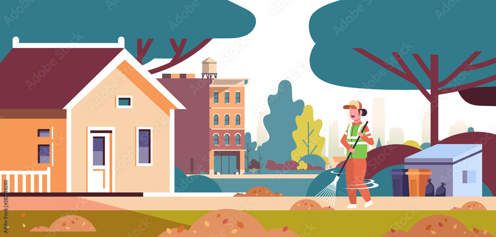 female street cleaner holding rake woman janitor sweeping raking garbage city streets service concept residential area cottage houses background full length flat