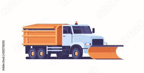 spreading salt on highway gritter snow plow truck icon professional cleaning road vehicle winter snow removal concept flat horizontal