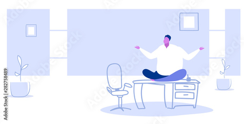 fat businessman sitting lotus pose on workplace desk overweight business man keeping calm yoga meditation concept modern office interior sketch doodle horizontal full length