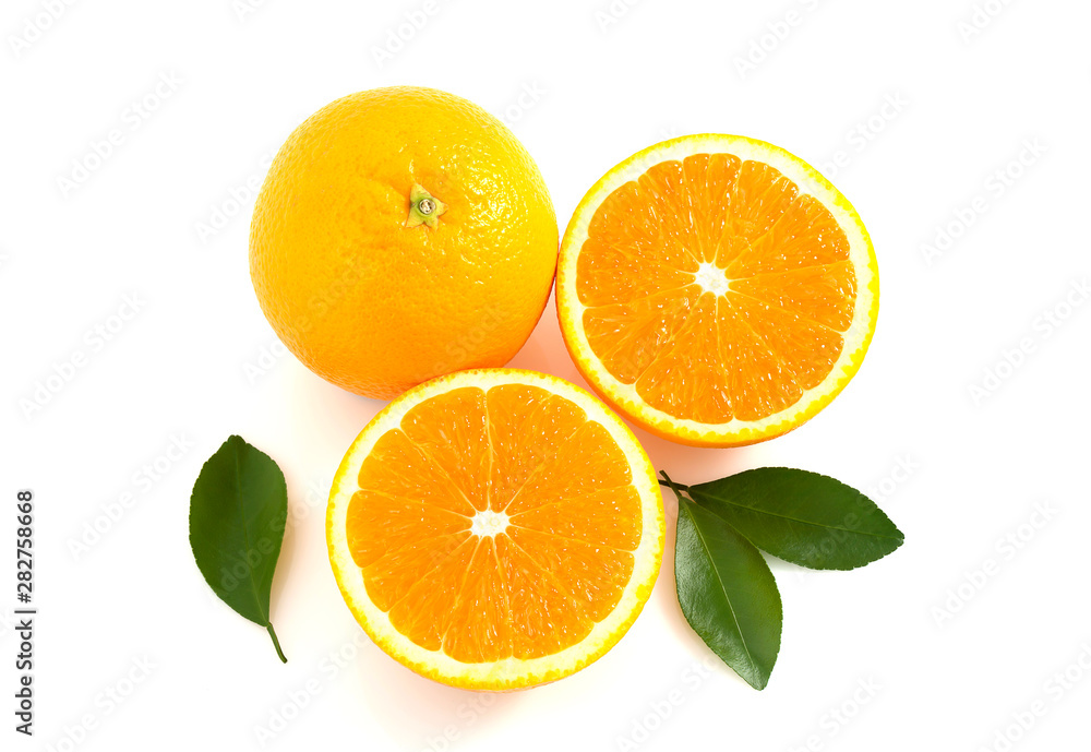 Citrus is a fruit that has high vitamin C, half cut orange, has a shadow and has leaves on a white background.