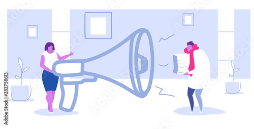 businesswoman boss screaming with megaphone on overworked man holding paper stack tired office worker paperwork deadline concept sketch doodle horizontal full length vector illustration