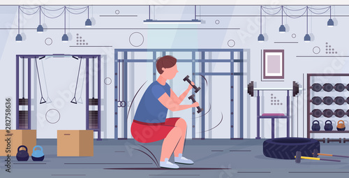 fat obese man doing squats exercises with dumbbells overweight guy training workout weight loss concept modern gym interior flat full length horizontal vector illustration