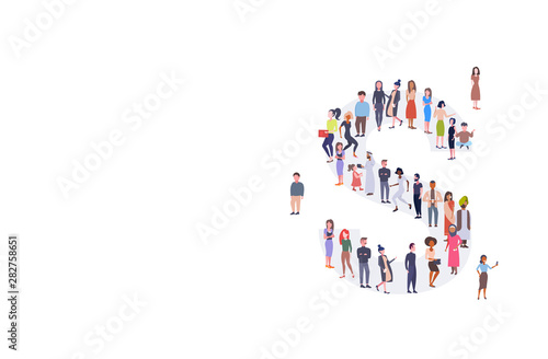 businesspeople crowd gathering in letter S shape English alphabet concept mix race men women casual people group standing together full length horizontal