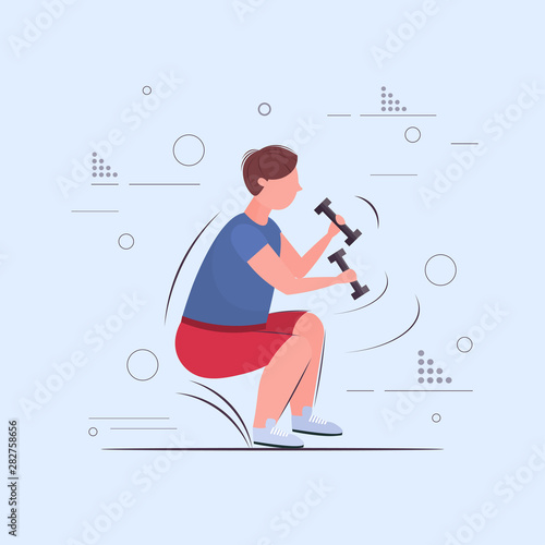 fat obese man doing squats exercises with dumbbells overweight guy training workout weight loss concept flat full length