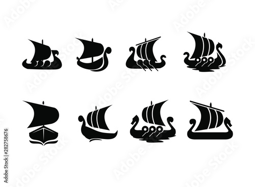 set viking boat ship black logo icon design vector illustration