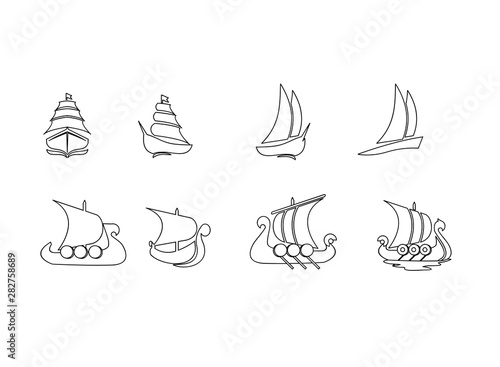 set viking boat ship black logo icon design vector illustration