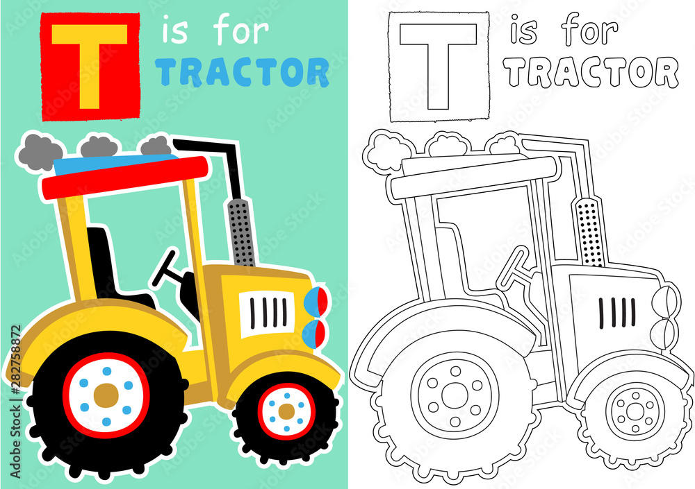 vector cartoon of tractor, coloring page or book