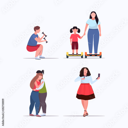 set fat obese people in different poses overweight men women weight loss obesity concepts collection flat full length