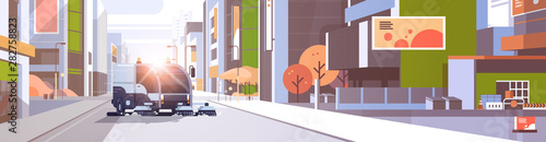 modern city street sweeper truck industrial vehicle cleaning machine urban road service concept cityscape sunset background flat horizontal