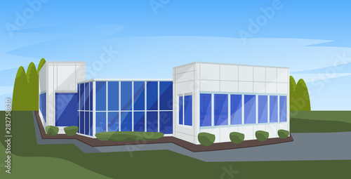 modern corporate architecture office building exterior with large panoramic windows flat