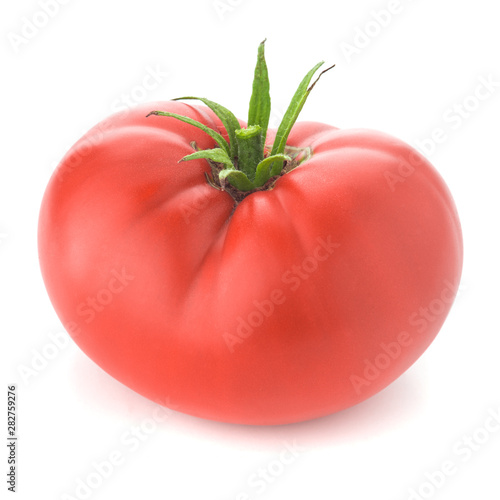 red tomato with green little leaves on isolated white background