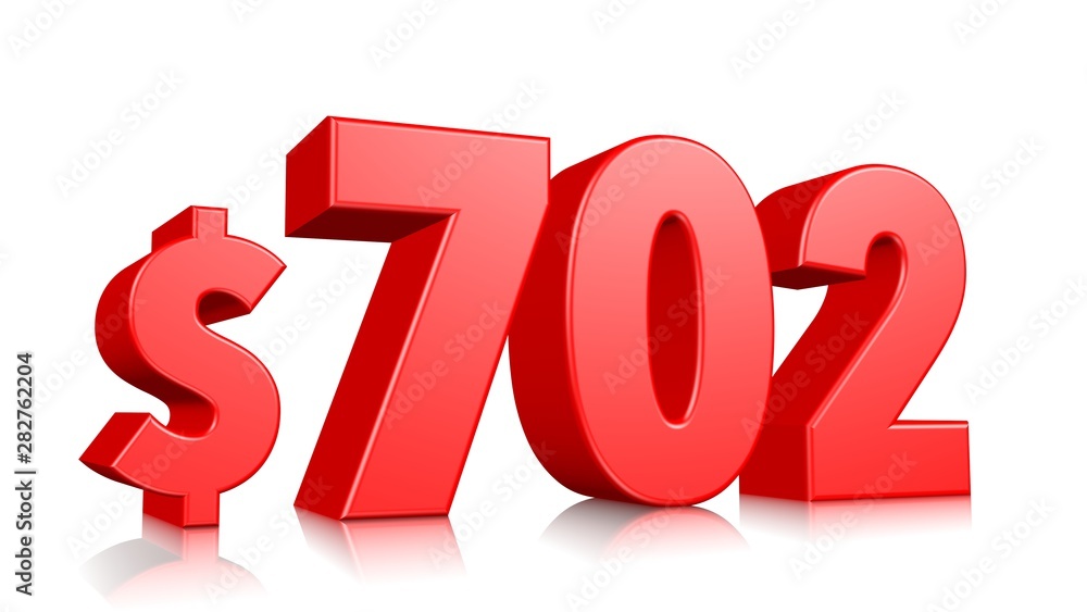 702$ Seven hundred two price symbol. red text number 3d render with dollar sign on white background 702$ Seven hundred two price symbol. red text number 3d render with dollar sign on white background