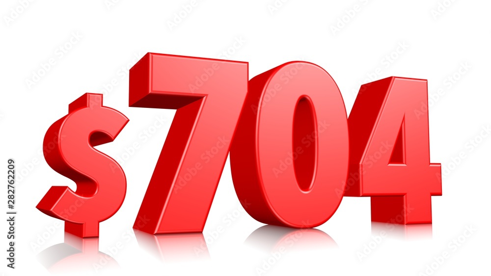 704$ Seven hundred four price symbol. red text number 3d render with dollar sign on white background 704$ Seven hundred four price symbol. red text number 3d render with dollar sign on white background