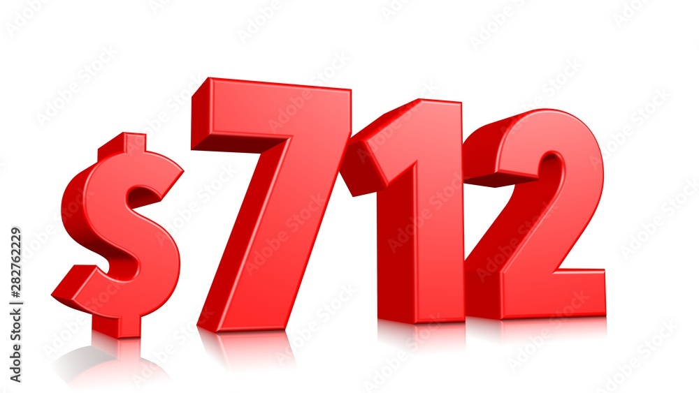 712$ Seven hundred and twelve price symbol. red text number 3d render with dollar sign on white background 712$ Seven hundred and twelve price symbol. red text number 3d render with dollar sign on white background