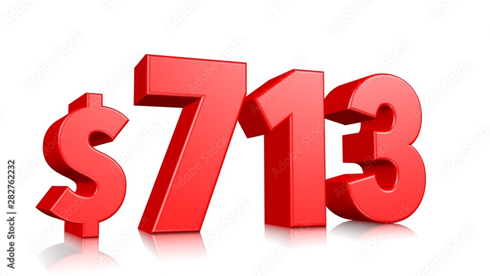 713$ Seven hundred and thirteen price symbol. red text number 3d render with dollar sign on white background 713$ Seven hundred and thirteen price symbol. red text number 3d render with dollar sign on white background