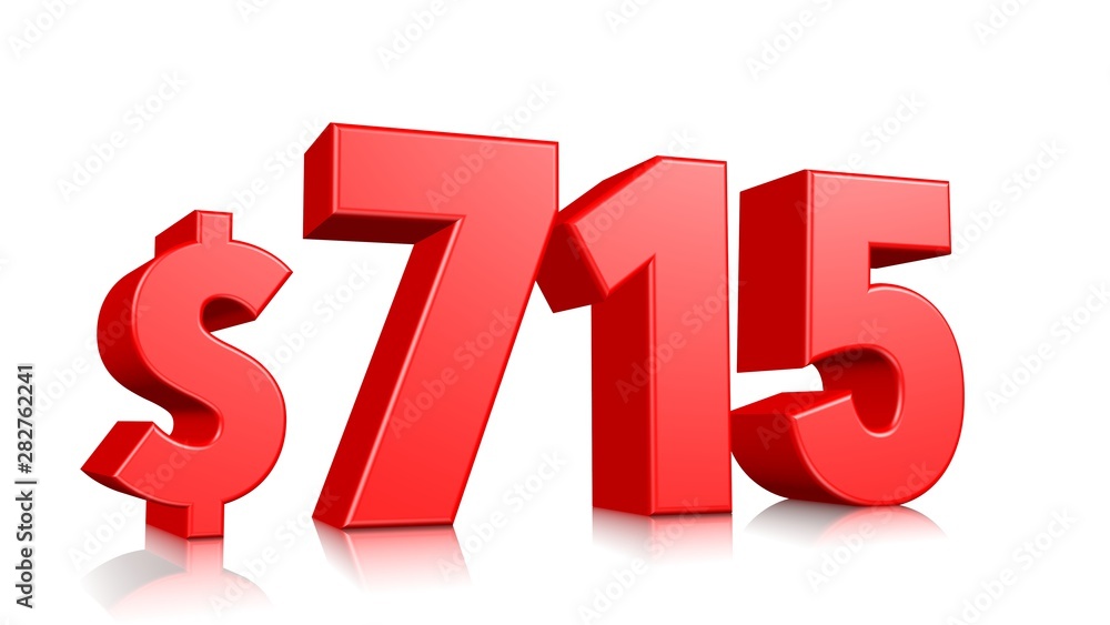 715$ Seven hundred fifteen price symbol. red text number 3d render with dollar sign on white background 715$ Seven hundred fifteen price symbol. red text number 3d render with dollar sign on white background