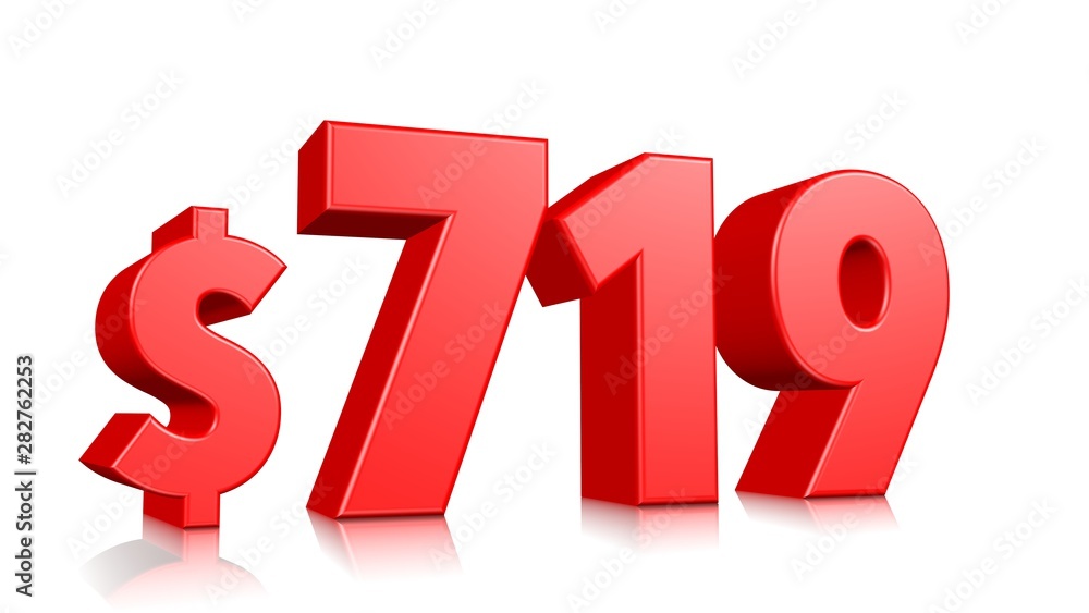 719$ Seven hundred nineteen price symbol. red text number 3d render with dollar sign on white background 719$ Seven hundred nineteen price symbol. red text number 3d render with dollar sign on white background
