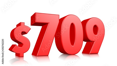 709$ Seven hundred nine price symbol. red text number 3d render with dollar sign on white background