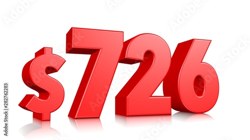 726$ Seven hundred twenty six price symbol. red text number 3d render with dollar sign on white background