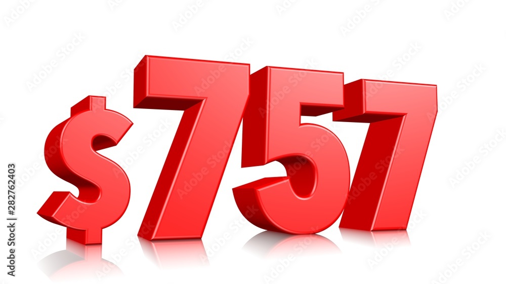 757$ Seven hundred fifty seven price symbol. red text number 3d render with dollar sign on white background 757$ Seven hundred fifty seven price symbol. red text number 3d render with dollar sign on white background
