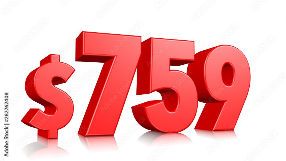 759$ Seven hundred fifty nine price symbol. red text number 3d render with dollar sign on white background 759$ Seven hundred fifty nine price symbol. red text number 3d render with dollar sign on white background