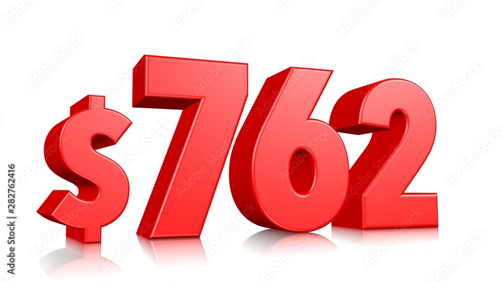 762$ Seven hundred sixty two price symbol. red text number 3d render with dollar sign on white background 762$ Seven hundred sixty two price symbol. red text number 3d render with dollar sign on white background