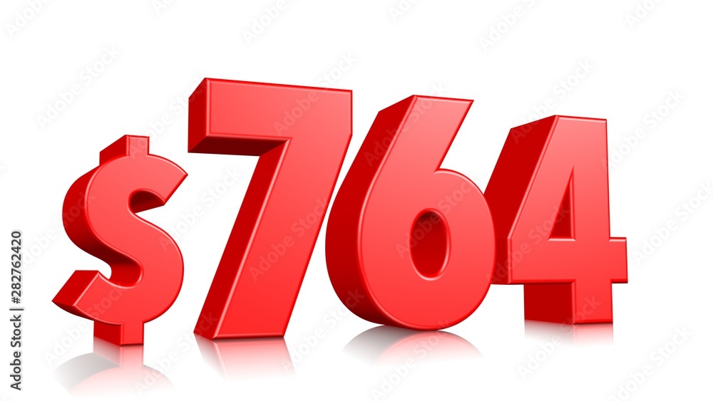 764$ Seven hundred sixty four price symbol. red text number 3d render with dollar sign on white background 764$ Seven hundred sixty four price symbol. red text number 3d render with dollar sign on white background
