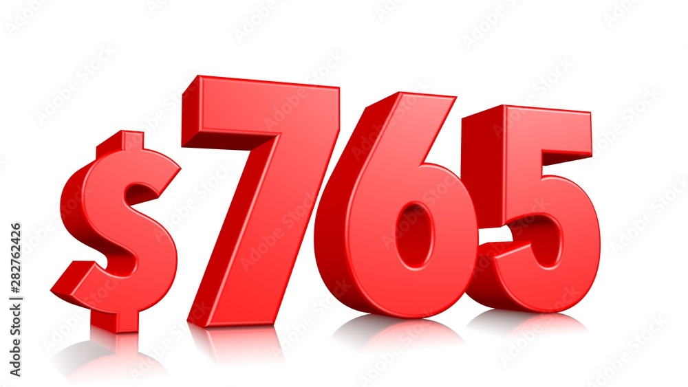 765$ Seven hundred sixty five price symbol. red text number 3d render with dollar sign on white background 765$ Seven hundred sixty five price symbol. red text number 3d render with dollar sign on white background