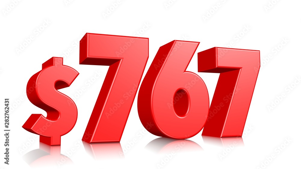 768$ Seven hundred sixty eight price symbol. red text number 3d render with dollar sign on white background 768$ Seven hundred sixty eight price symbol. red text number 3d render with dollar sign on white background