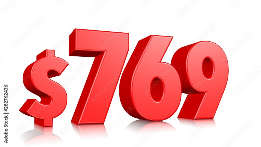 769$ Seven hundred sixty nine price symbol. red text number 3d render with dollar sign on white background 769$ Seven hundred sixty nine price symbol. red text number 3d render with dollar sign on white background