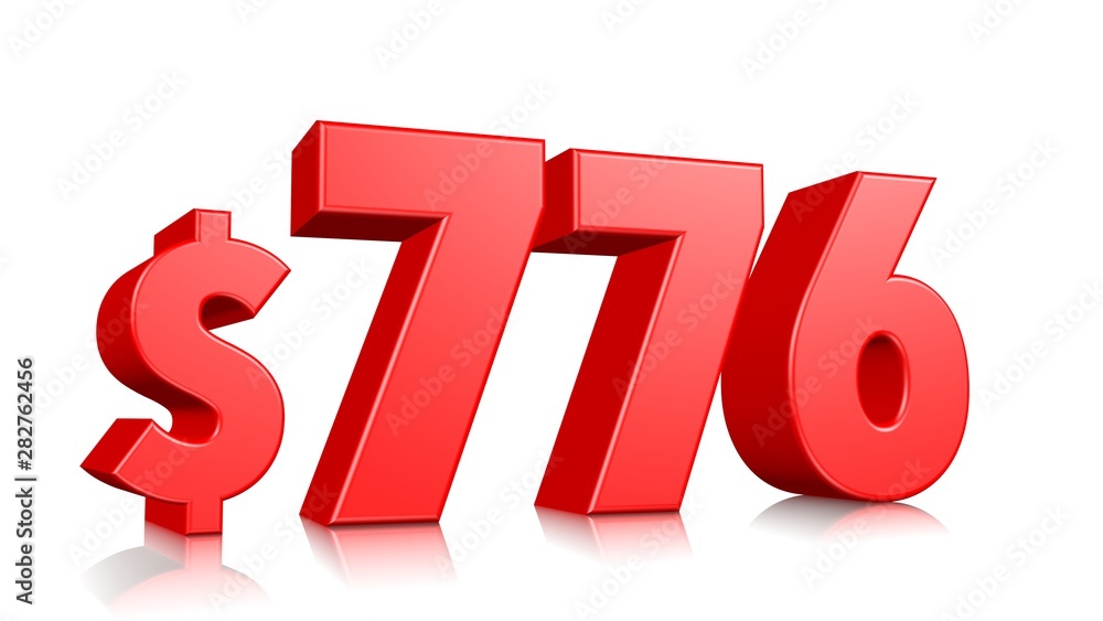 776$ Seven hundred seventy six price symbol. red text number 3d render with dollar sign on white background 776$ Seven hundred seventy six price symbol. red text number 3d render with dollar sign on white background