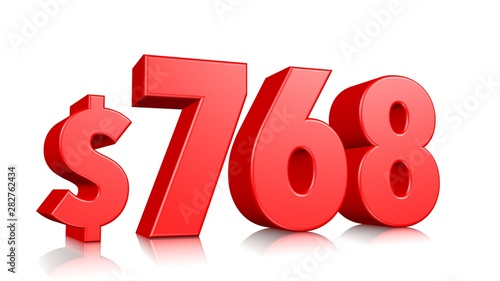 768$ Seven hundred sixty eight price symbol. red text number 3d render with dollar sign on white background