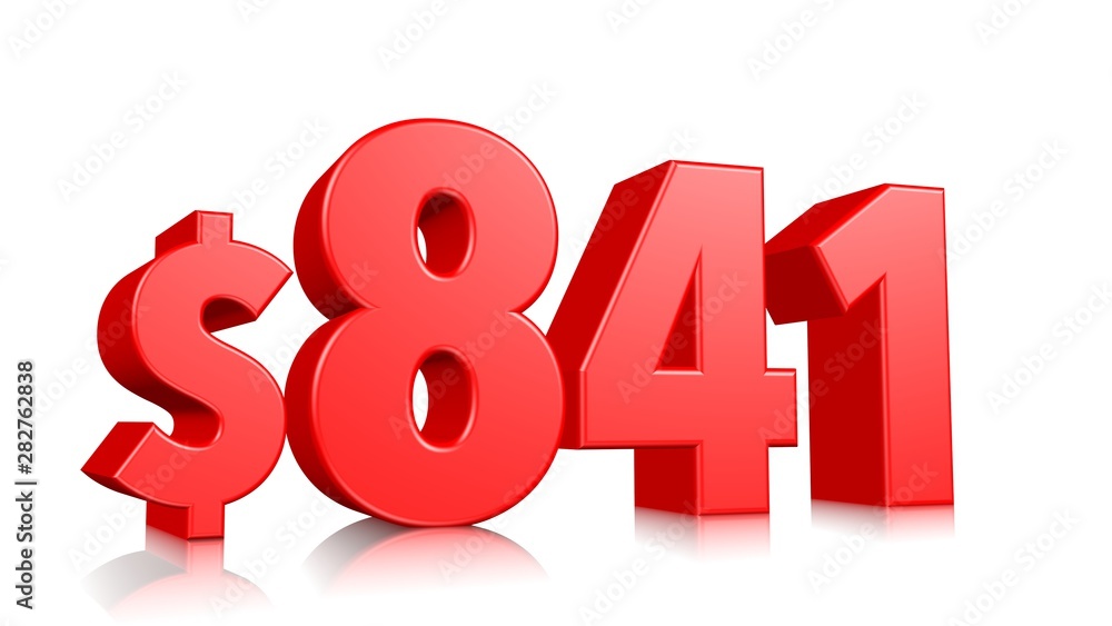 841$ Eight hundred forty-one price symbol. red text number 3d render with dollar sign on white background 841$ Eight hundred forty-one price symbol. red text number 3d render with dollar sign on white background