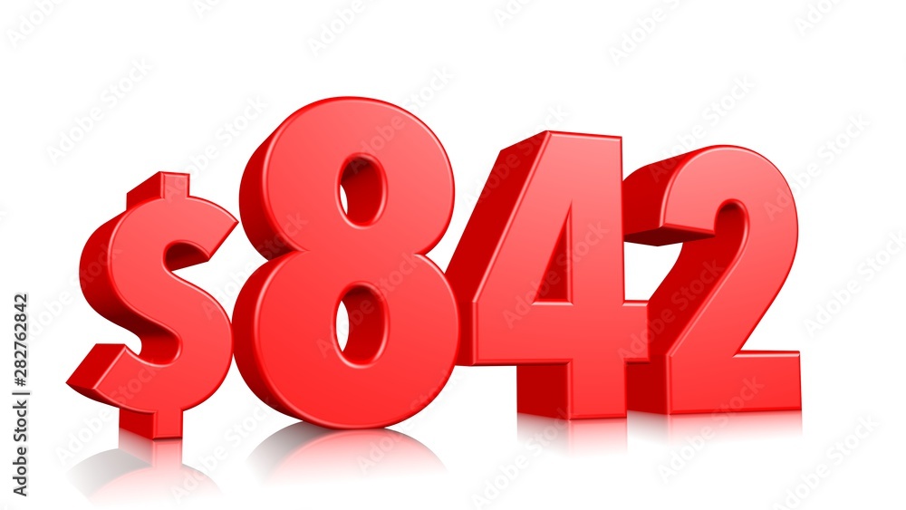 842$ Eight hundred forty-two price symbol. red text number 3d render with dollar sign on white background 842$ Eight hundred forty-two price symbol. red text number 3d render with dollar sign on white background