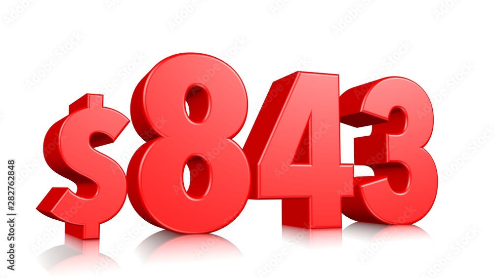 843$ Eight hundred forty-three price symbol. red text number 3d render with dollar sign on white background 843$ Eight hundred forty-three price symbol. red text number 3d render with dollar sign on white background