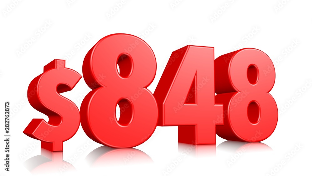 848$ Eight hundred forty-eight price symbol. red text number 3d render with dollar sign on white background 848$ Eight hundred forty-eight price symbol. red text number 3d render with dollar sign on white background