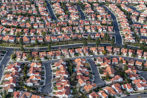 Aerial view of suburban Los Angeles cul-de-sac streets and homes in the San Fernando Valley region of Southern California.  