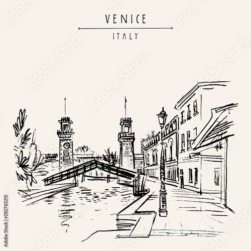 Entrance to the Arsenale in Venice, Italy, Europe. Vector hand drawn vintage touristic postcard