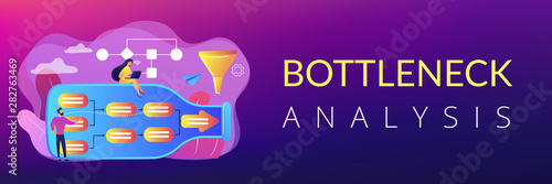 Tiny business people at bottle looking for system least capacity. Bottleneck analysis, bottlenecking control, workflow improvement concept. Header or footer banner template with copy space.