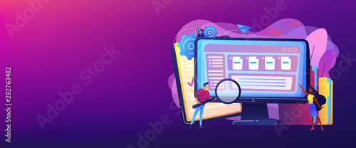 Tiny business people with magnifier work with document management on computer. Document management soft, document flow app, compound docs concept. Header or footer banner template with copy space.