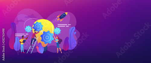 Tiny business people generating ideas and holding gears at big light bulb. Idea management, alternative thinking, best solution choice concept. Header or footer banner template with copy space.