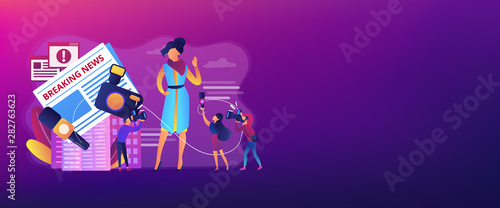 Journalists interviewing famous person. Reporters following celebrity. Yellow online press, paparazzi news feed, yellow journalism concept. Header or footer banner template with copy space.
